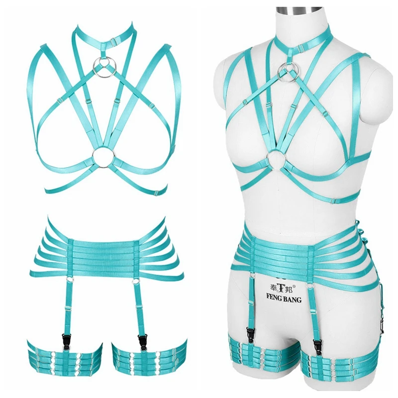 

Women Body Harness Set Top Bra Strappy Plus Size Punk Pastel Goth Garter Belts Stockings Hollow Out Elastic Rave Festival Party