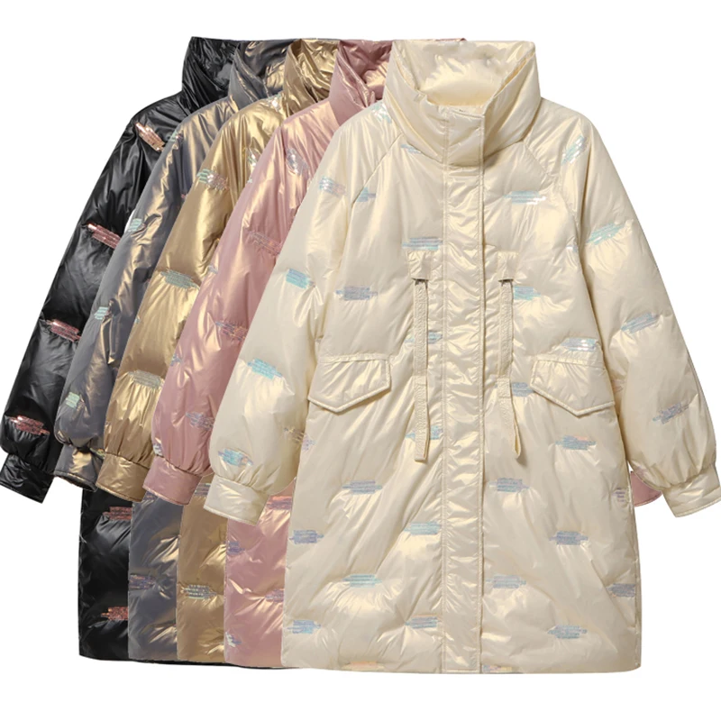 

Young Gee Women Thick Long Glossy Jacket Winter Stand Collar White Duck Down Loose Waterproof Coats Warm Parkas Snow Outwear