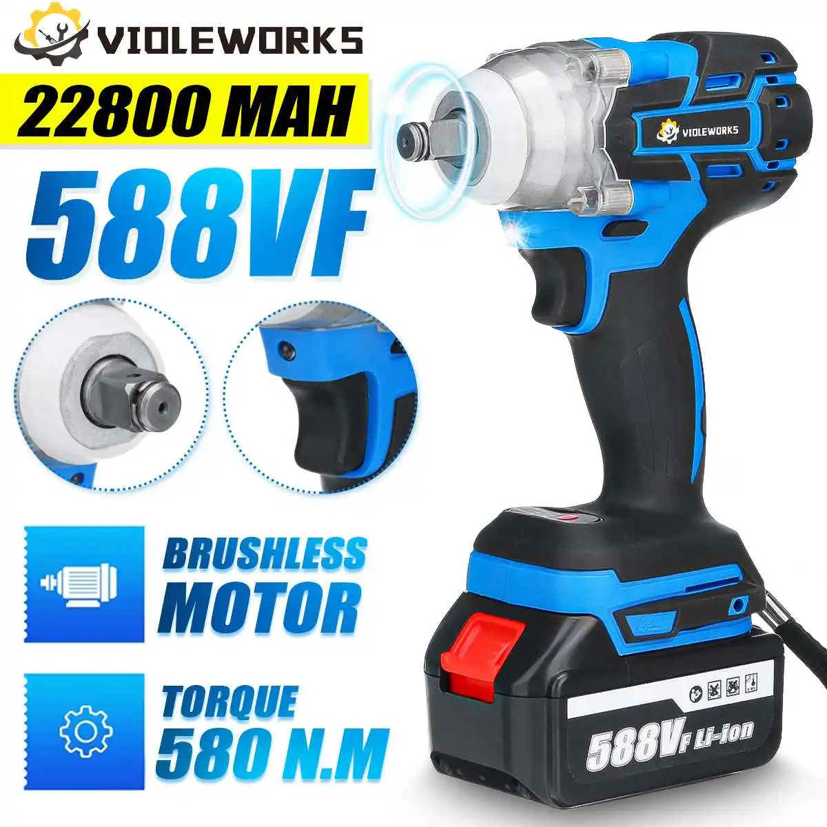 Brushless Electric Impact Wrench 588V 22800mAh With 1/2 Li-ion Battery  Rechargeable Cordless Wrench Power Tool 580N.M EU Plug
