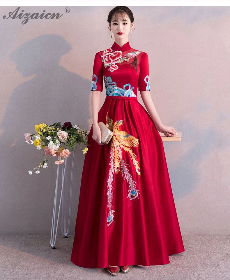 Феникс вышивка длинный Cheongsam красный современный Femme Тонкий Вечерние платья Qi Pao женское традиционное китайское свадебное платье Qipao
