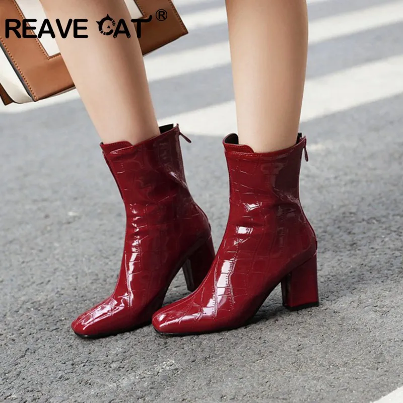 

REAVE CAT Sexy Women Ankle Boots PU Slip on white Color Square Toe High Heels Autumn Spring Women back zipper Boots size 44 45