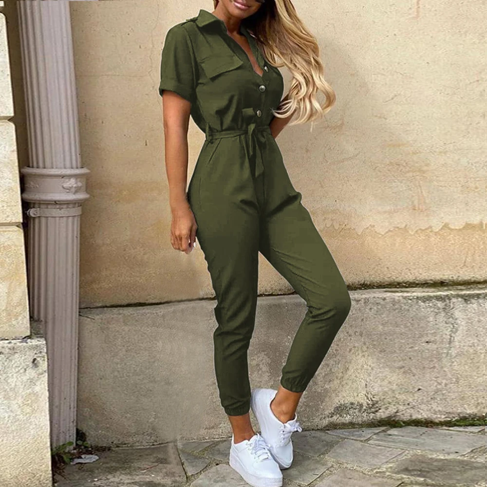 Women Casual solid color Jumpsuit 2020 Summer Deep V Neck Button Shirt Overalls Short Sleeve Office Lady One Piece Romper Belt