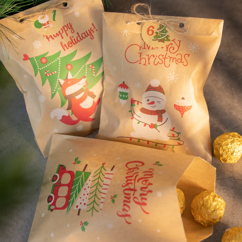 Bolsas de papel Kraft para Navidad, conjunto de 24 bolsas de regalo de Papá Noel, muñeco de nieve, zorro, para fiesta de Navidad, bolsa de galletas de caramelo, Insumos para envolver regalos - Imagen 5
