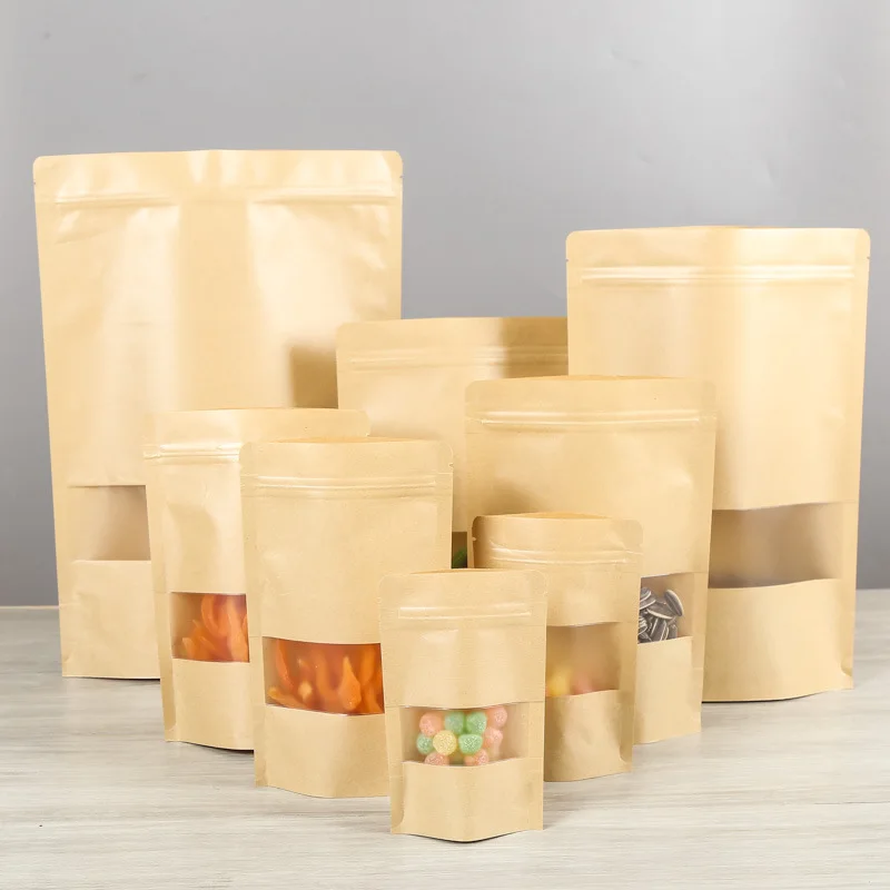 

100pcs Standup kraft paper bag with matt window and zipper for food, paper ziplock bag