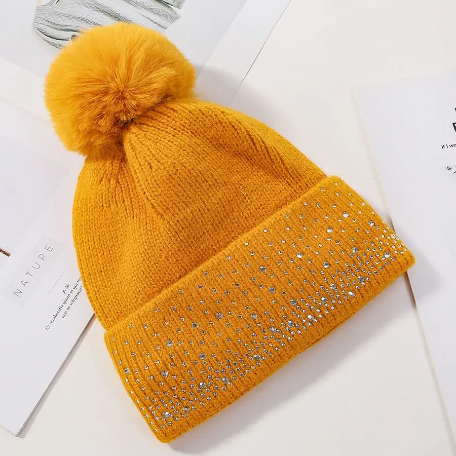 Модные зимние вязаные шапки бини, женские плотные теплые шапки Skullies, женская вязаная шапка, шапка бини, уличные шапки с помпоном - Цвет: Цвет: желтый