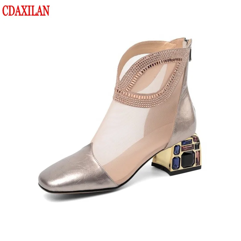 CDAXILAN new to women's ankle boots Patent leather whit breathable mesh Mid-heels back zipper Martin boots for spring summer