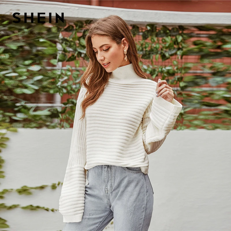 SHEIN белый однотонный зимний свитер с высоким воротом и спущенными плечами, женские топы, осень, Highstreet, с длинным рукавом, базовые Повседневные свитера
