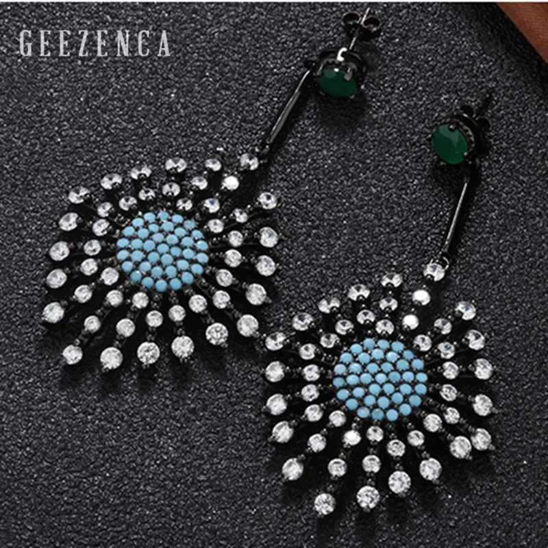 

925 Sterling Silver Bohemia Geometric Turquoise Zircons Stud Earrings Fine Jewelry Women Ethnic Hyperbole Trendy Earring Party