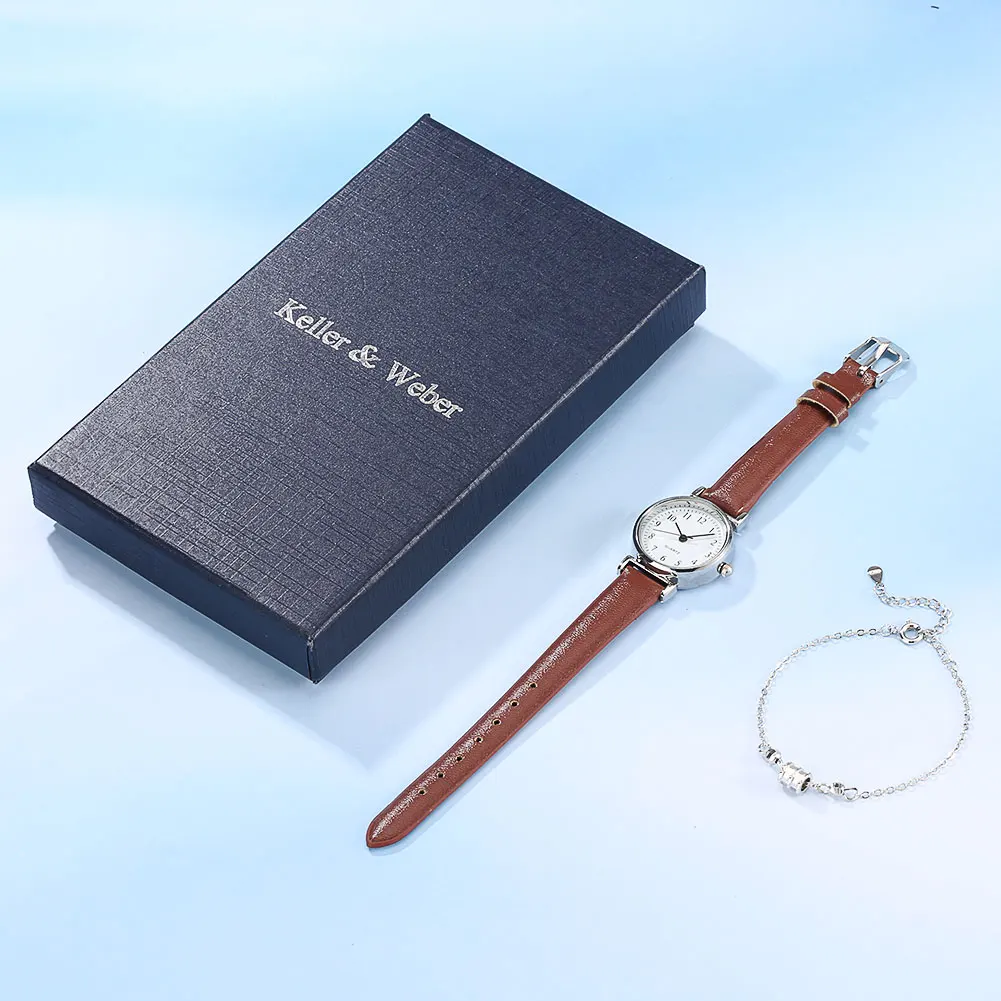 Business Women Quartz Watch Noble Brown Leather Strap Watch Silver Bracelet Ladies Christmas Gifts Set with Box for Mother