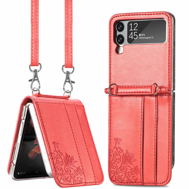 With Lanyard With Card Slot Case  PU Leather Case  For Samsung Galaxy Z Flip 3 Case For F7110 Case