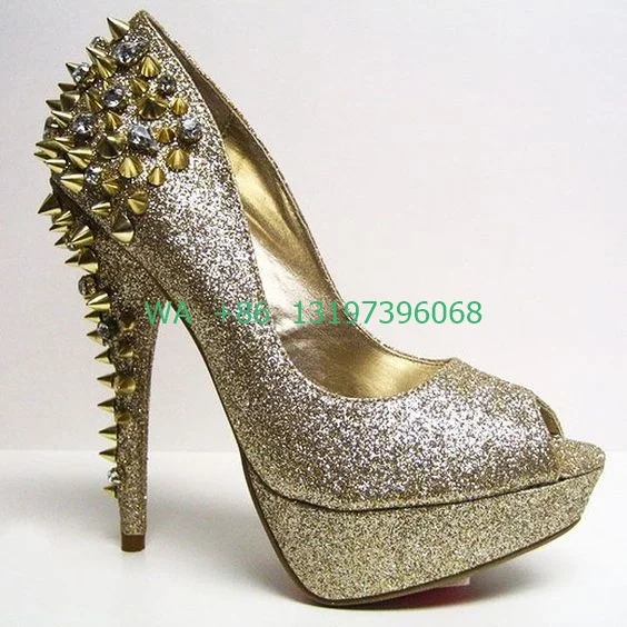 

women's rivet pumps sequins bling bling high heels peep toe metal rivet heel platform shoes cover heel footwear sexy dance pumps