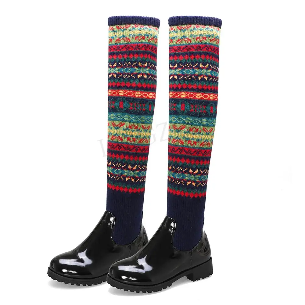 

LAIGZEM Vintage Women Over Knee Boots Low Heels Kintting Boots Multi Colors 2020 Girls Comfortable Botines Mujer Big Size 33 46