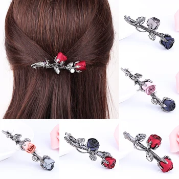 

Rose Flower Hair Clip Crystal Hair Accessories Rhinestone Leaves Barrettes Gifts Black 1PC Christmas Gifts Ponytail holder