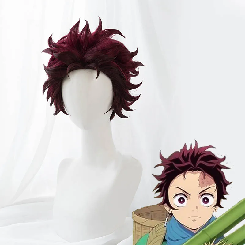 

Demon Slayer: Kimetsu no Yaiba Kamado Tanjirou Cosplay Wig Short DarK Red Heat Resistant Synthetic Hair Wigs + Wig Cap