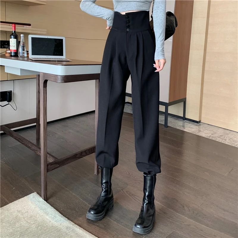 khaki pants YUANYUANJYCO Spring Autumn Women Long Casual Harem Pants Korean Style Fashion High Waist Buttons Khaki Black Cargo Trousers black cargo pants