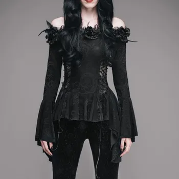 

Sexy Shoulderless Blouse Punk Gothic Women Autumn Winter Trumpet Long Sleeve Dark Retro Princess Palace Lace Bandage Tops