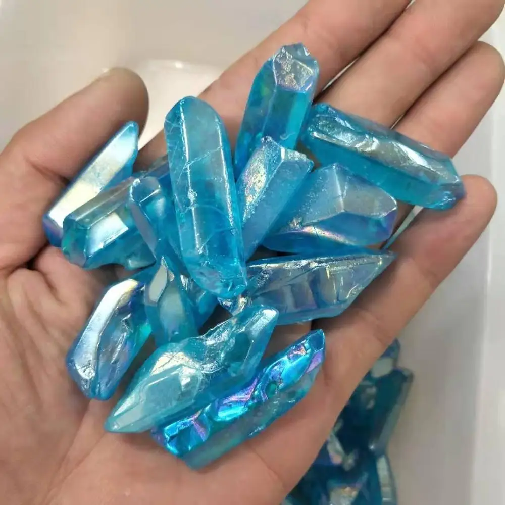 100g Natural unpolished wathet blue aura quartz crystal point titanium coating crystal for home decoration