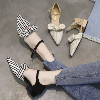 

2019 new bow pointed thick heel shoes bag with retro ladies children's shoes