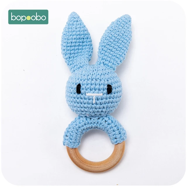 Bopoobo 1pc Baby Rattles Crochet Bunny Rattle Toy Wood Ring Baby Teether Rodent Baby Gym Mobile Rattles Newborn Educational Toys Blue Bunny