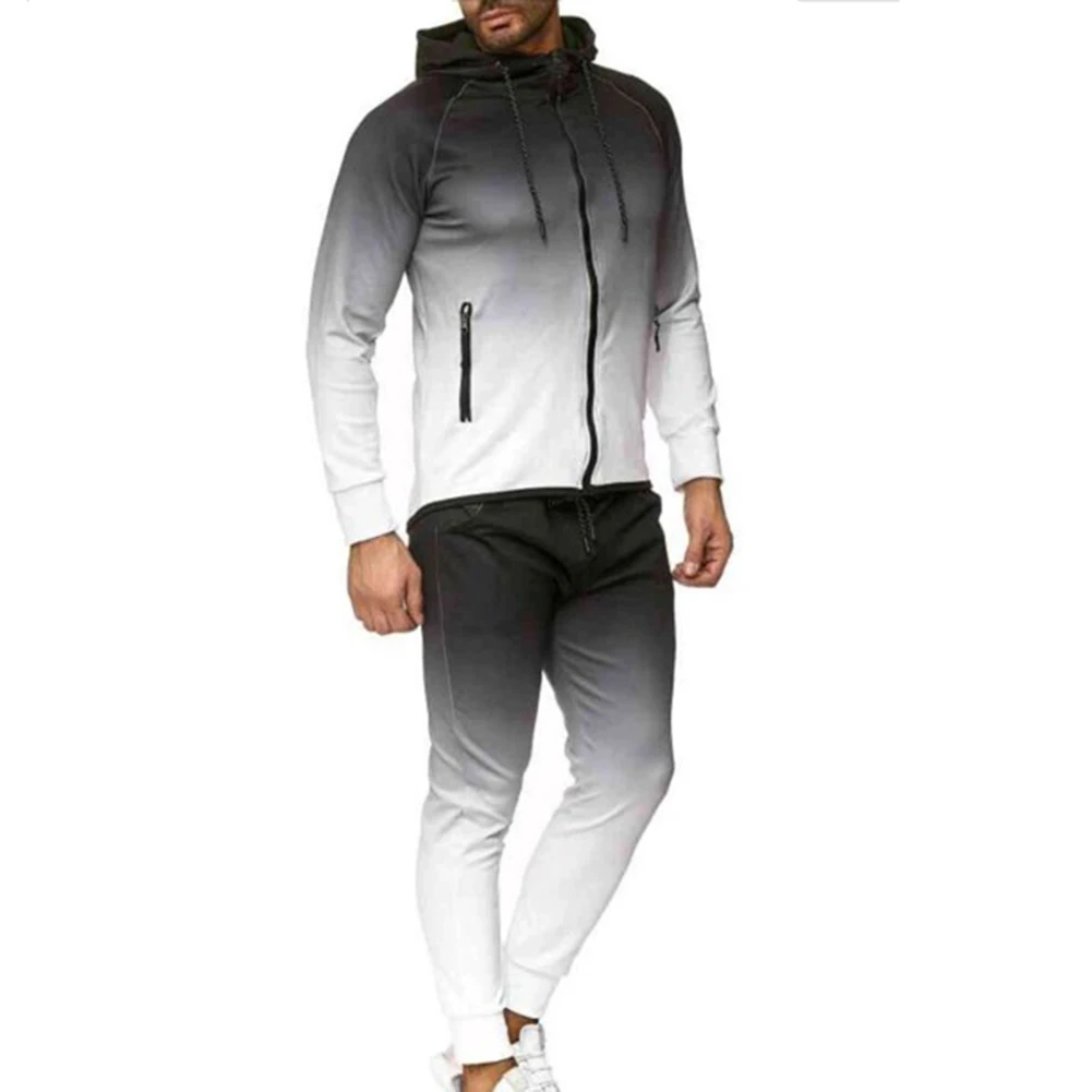 Conjunto deportivo hombre 2Pcs Men Gradient Color Drawstring Zipper Hoodie Sweat Pants Tracksuit Sport Set