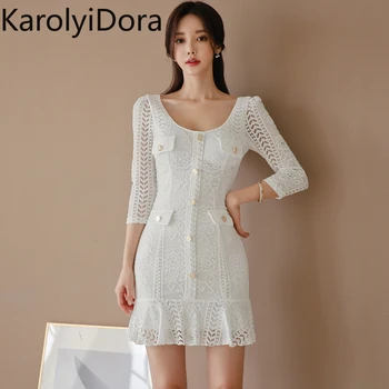 

2020 new Korean ladies temperament slim fit sleeves lace ruffled package hip skirt dress women