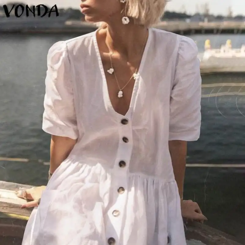 VONDA/женские вечерние платья из хлопка с коротким рукавом и глубоким v-образным вырезом, длинные платья на пуговицах, праздничное плиссированное платье Vestidos размера плюс