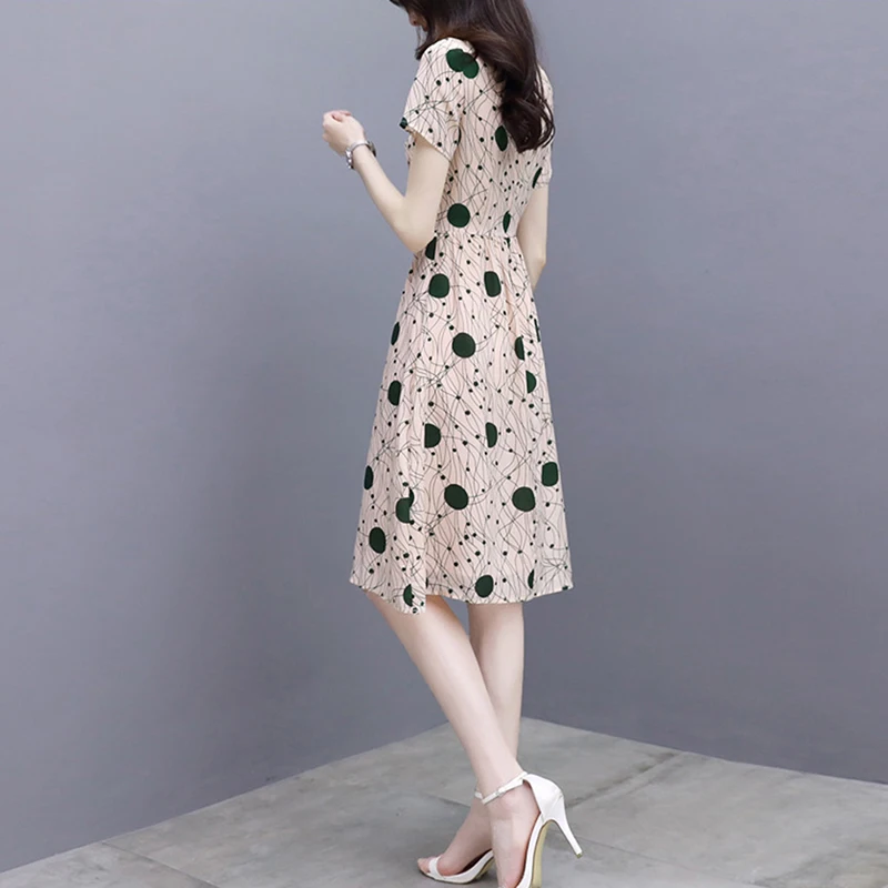 

Women Elegant Dress Summer Dress Slim High Waist Wave Point Summer Dresses Women Clothes Short Sleeve Office Dresses