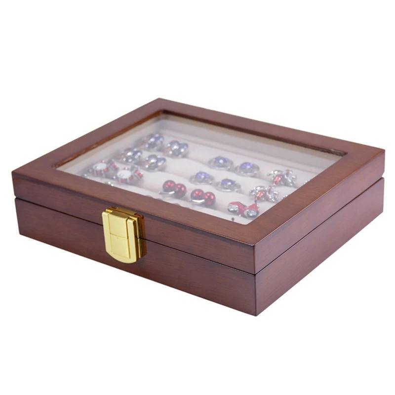 

Hot Sale Jewelry Luxury Glass Box Storage 12Pairs Capacity Ring Box Painted Wooden Box Authentic Size 185x150x46Mm