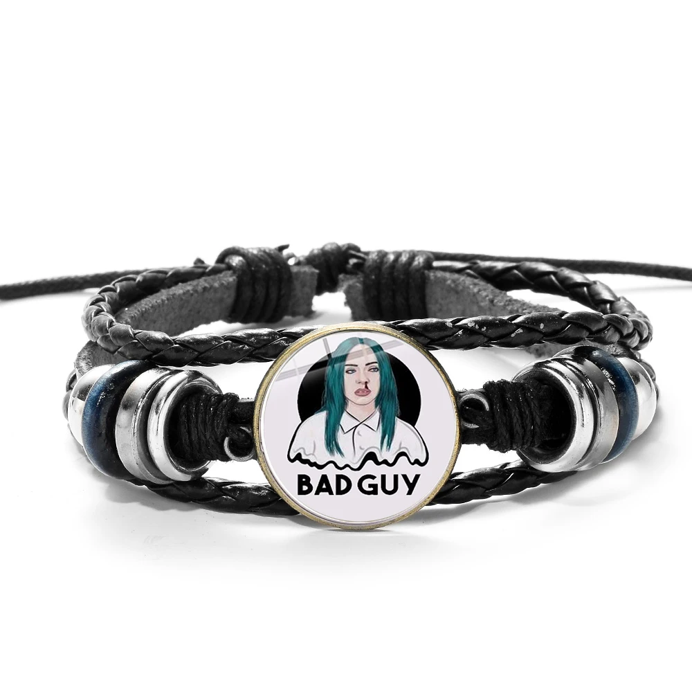 SONGDA хип-хоп певец Billie Eilish очаровательный браслет Харадзюку 3D напечатанный стеклянный кабошон черный панк кожаный браслет для фанатов