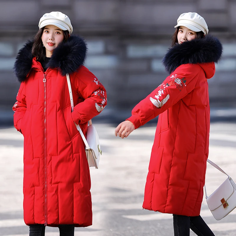 Мода плюс размер 5XL Женская зимняя куртка-пуховик Вышивка женское длинное пальто Зимняя парка с капюшоном теплая верхняя одежда женские парки