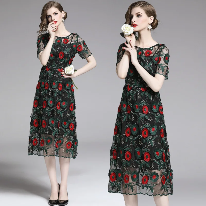 

Photo Shoot-Stereo Embroidery Dress Women's 2019 Summer New Style French Retro Slim Fit Short Sleeve