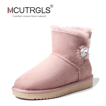 

snow boots women Australia classic natural sheepskin leather winter ankle button flat boots 100% wool lined warm shoes non-slip