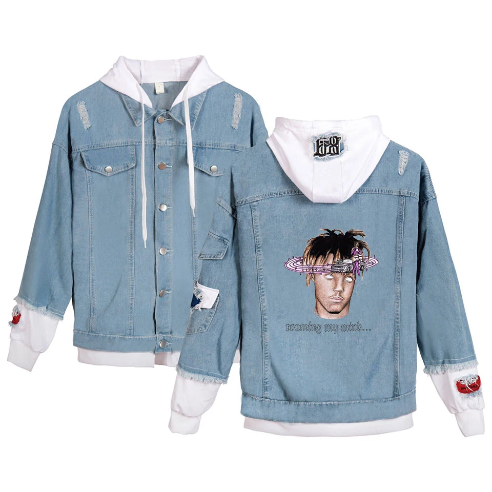 2021 Juice Wrld Denim Jacket Fashion Fake Two Pieces Hooded Jacket Streetwear Retro Popular Men Women Denim Jacket Autumn Coat mens puffer jacket