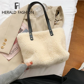 

Winter Lamb Faux Fur Ladies Shoulder Bag Solid Color Soft Fluffy Plush Women Messenger Bags Large Capacity Female Casual Tote