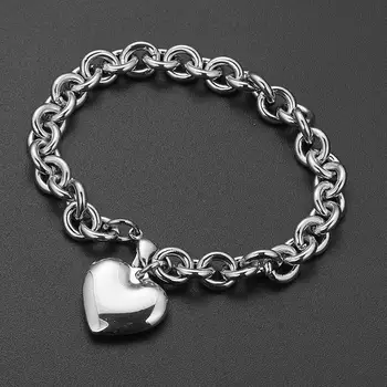 

Charming Silver Color/Gold Rolo Link Chain With Cute Solid Heart 316L Stainless Steel Bracelet Bangle For Women Giri 8mm Wide