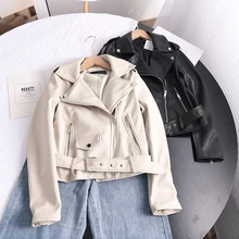 Aliexpress - Ailegogo 2021 Spring Autumn Soft Faux Leather Short Jacket with Belt Women Lapel Pu Leather Coat Black Zipper Moto Biker Outwear