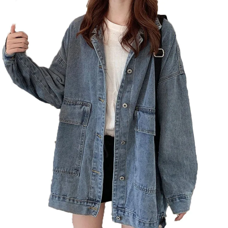 

Blue Jean Jacket Women Autumn Korean Style Loose Single Breasted Denim Jacket Women Casual Long Sleeve Denim Coat