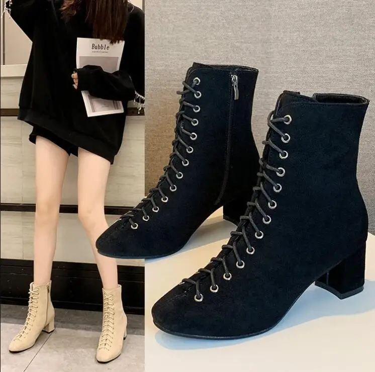 

Boots Women Shoes Woman Boots Fashion Square Root Ankle Boots Winter Boots 2019 Autumn New Suede Lace Square Ankle Boots X315
