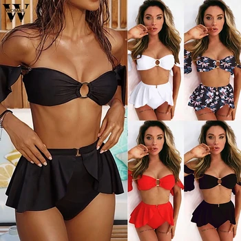 

Bikini Black swimsuit with skirt Sexy high waist bikini New Ruffle swimsuit swimwear women Off shoulder bathing suit Three Piece