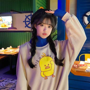 

Spring Autumn Kpop Multi Color Women Hoodie Loose-fit Small Yellow Duck Add Velvet Mock Two Piece Sweatshirt Free Shipping 2020