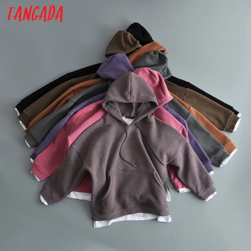 

Tangada women woolen hoodie sweatshirts inside Lalambswool warm pocket 2020 winter oversize female patchwork hooded tops 7M1