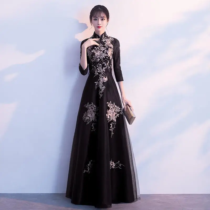 Сексуальное платье в китайском стиле; женские тонкие вечерние Длинные Cheongsam; свадебное платье; роскошное свадебное платье; Qipao; модная одежда; Vestido - Цвет: Black - D