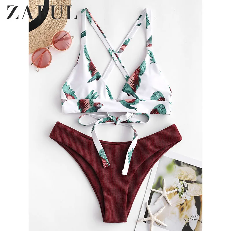 

ZAFUL Women Bikini Swimsuit Bird Color Block Criss Cross Bikini Set Lady Sexy Swimwear Summer Beach Bathing Suit