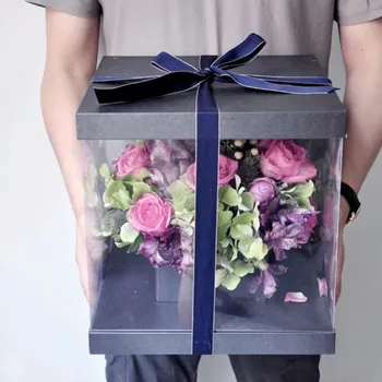 

1pcs 30x30x3.5cm Korean hand holding transparent PP flower high-end gift box Square PVC Transparent Hand Packaging Bouquet