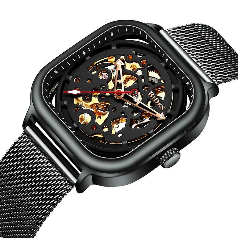 

BIDEN Fashion Automatic Watch Men Square Skeleton Mechanical Mens Watches Top Brand Luxury relogio masculino Mesh Steel Clock