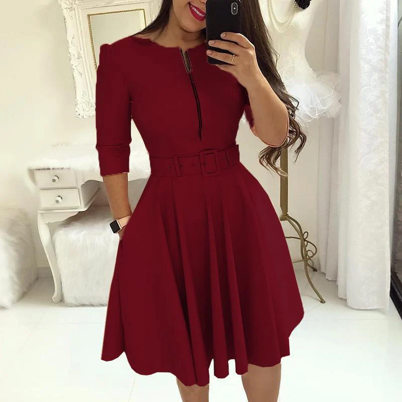 

Women's Dress Sexy Vintage Style Round Collar Zipper Waist Long Sleeve Slim Elegant Knee-Length Dress