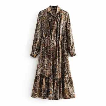 

Lady Fashion Snake Print Shirt Dress Bow Tie Collar Long Sleeve Loose Dresses Stretch Waist Knee Length Pleated Vestidos Spring