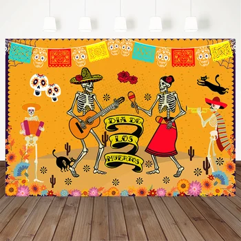 

Day Of The Dead Photography Background Mexican marigold Skull Backdrop Dress-Up Party Fiesta Banner Decoration For Photo Studio