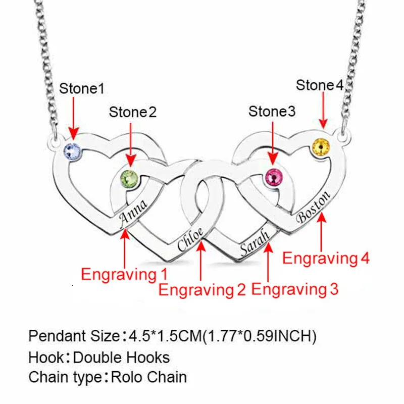 Горячее предложение 925 Серебряное персонализированное семейное ожерелье на заказ выгравированное имя переплетенные сердца ожерелье кулон с камнем рождения ожерелье s