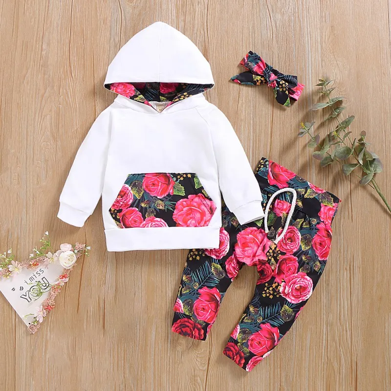 

Three Piece Baby Sets Fashion Beautiful Infant Set Flower Print Hooded Long Sleeve Sweater Pants Hair Strap For Baby